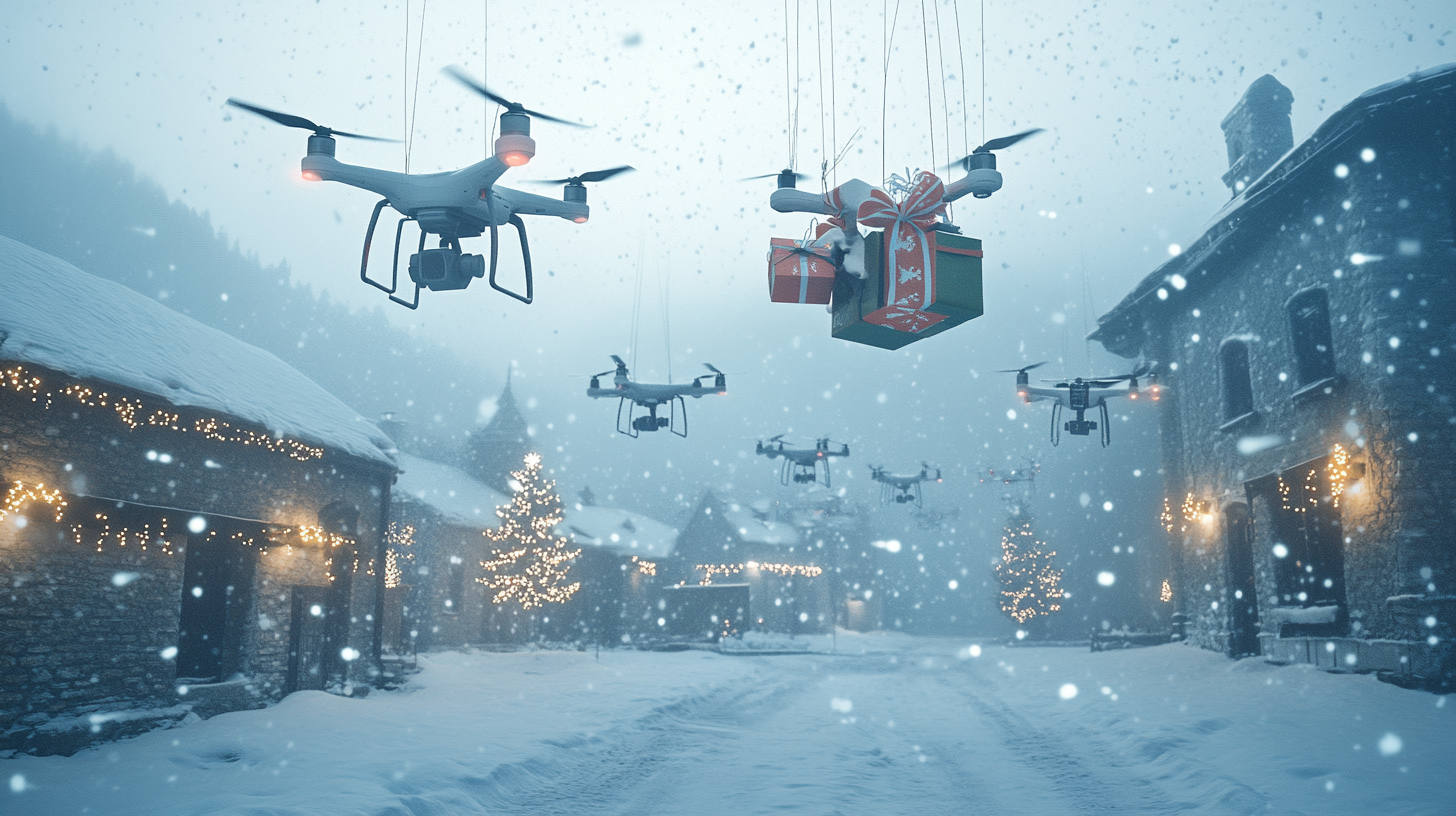 Drones Delivering Presents in Magical Snowy Town