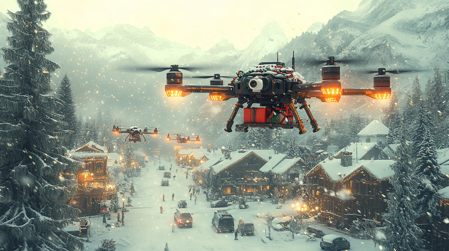 Drones Delivering Presents in Snow-Covered Mountain Town