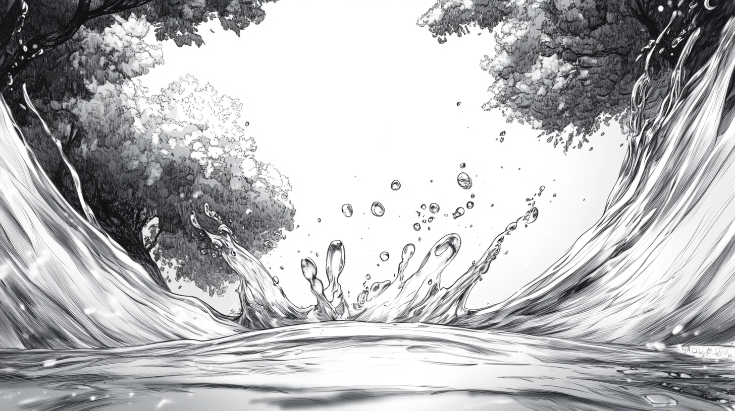 Drop falls closely in detailed black and white sketch.