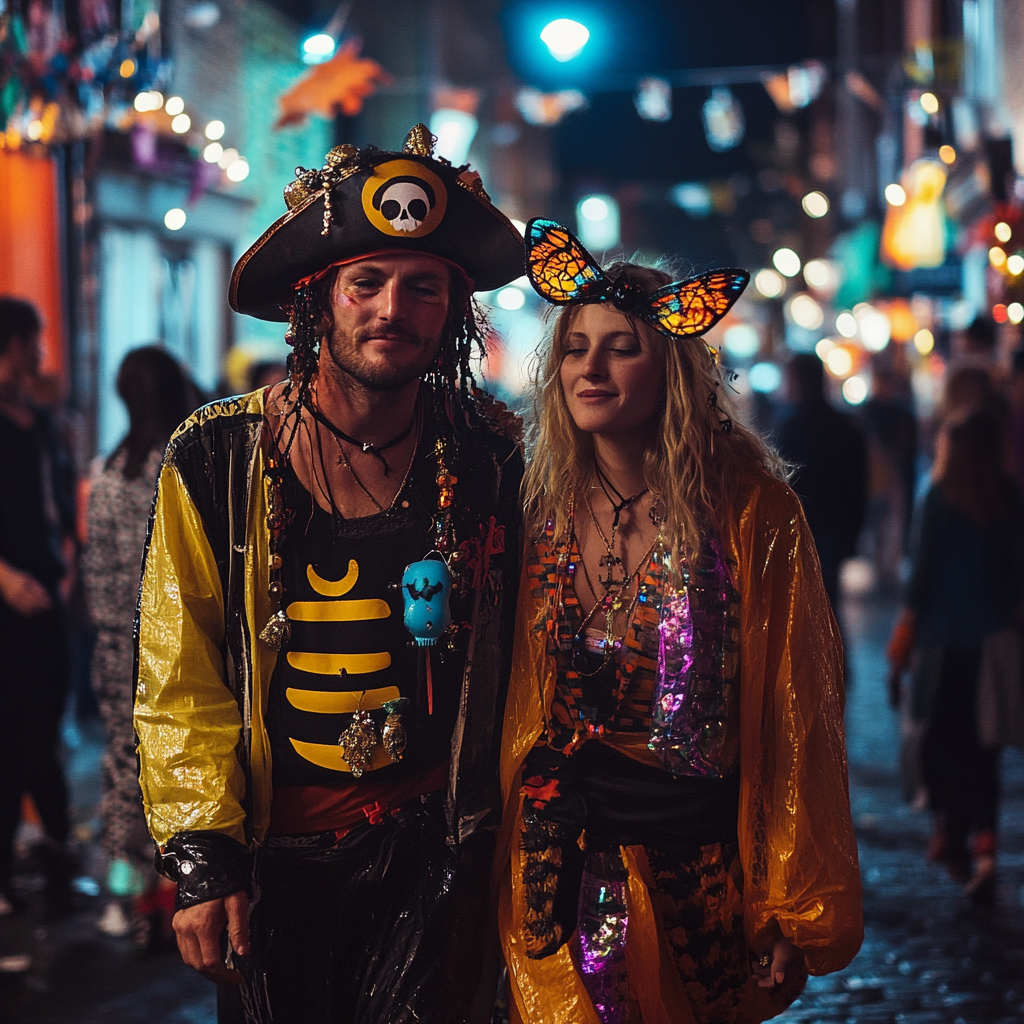 Drunk Pirate and Bee stumbling on Halloween street