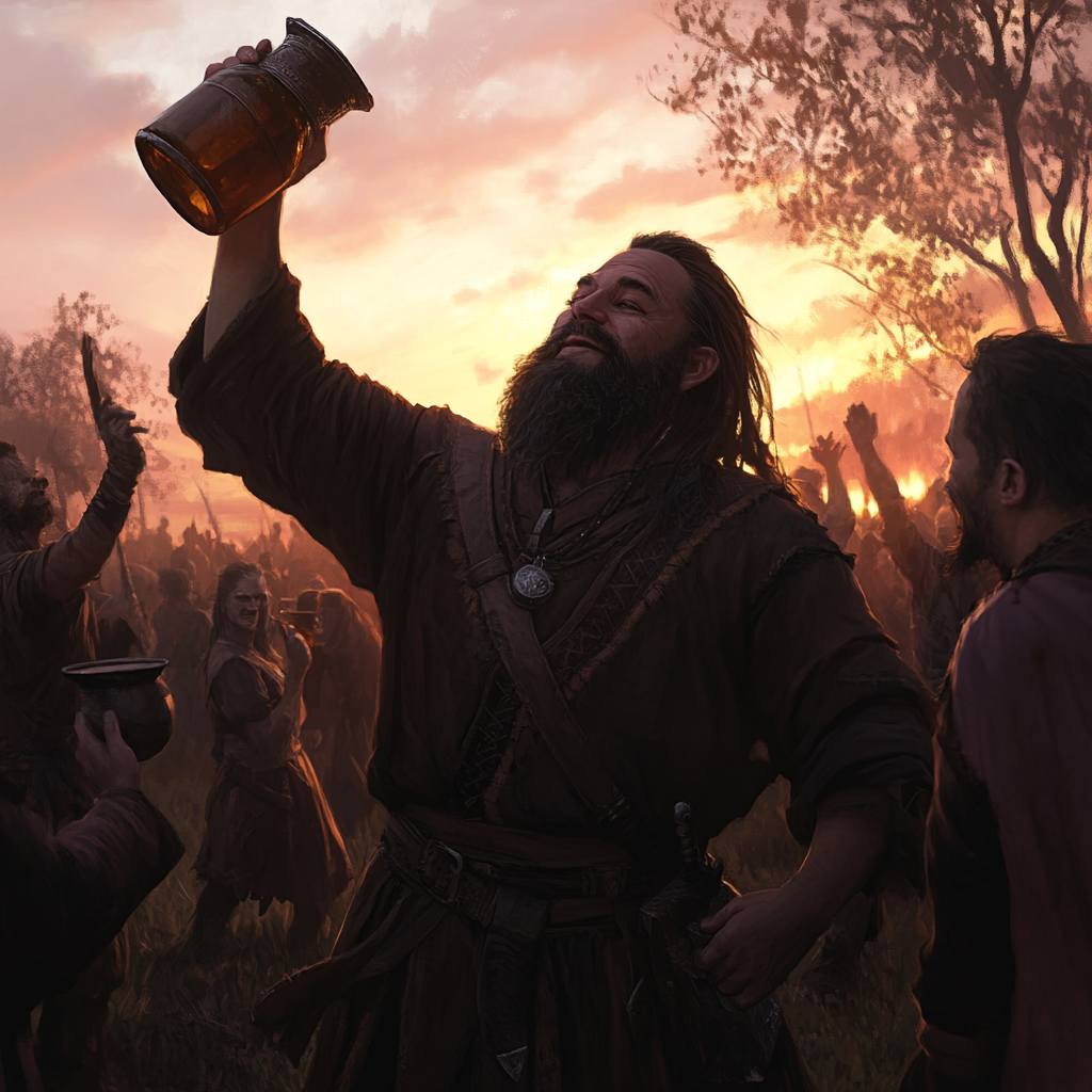 Drunk dwarf dances at dawn with flagon and Warhammer.