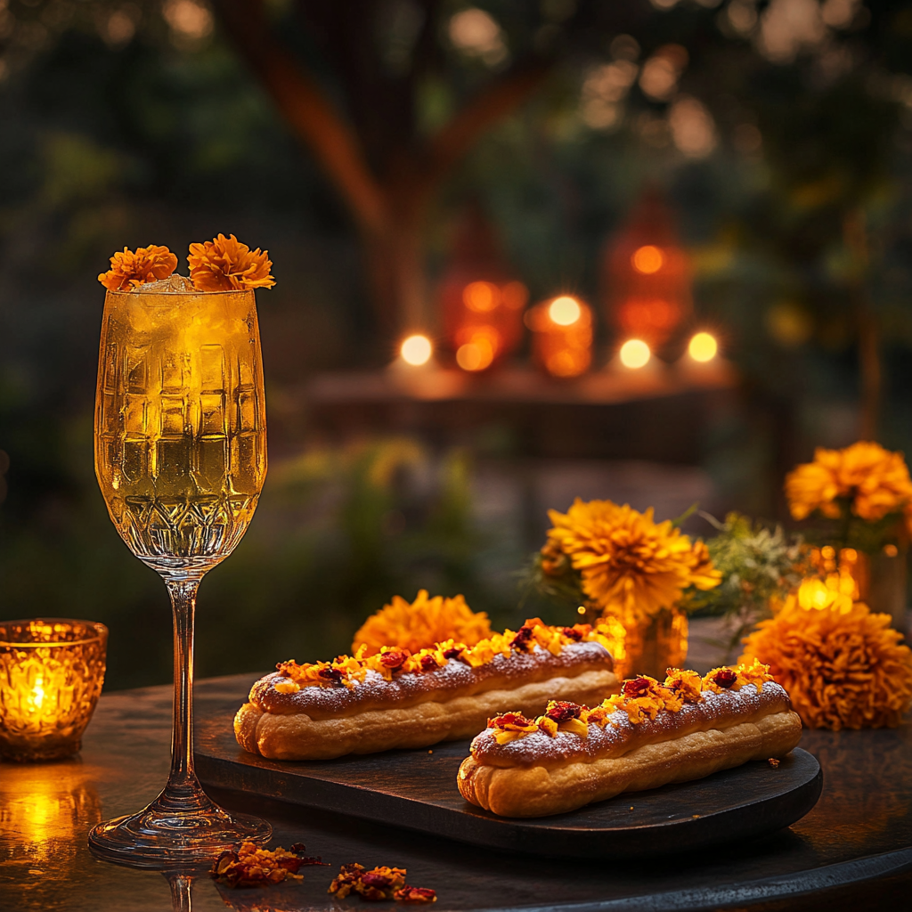 Dryfruit Eclairs, Marigold, and Diyas with Cocktail