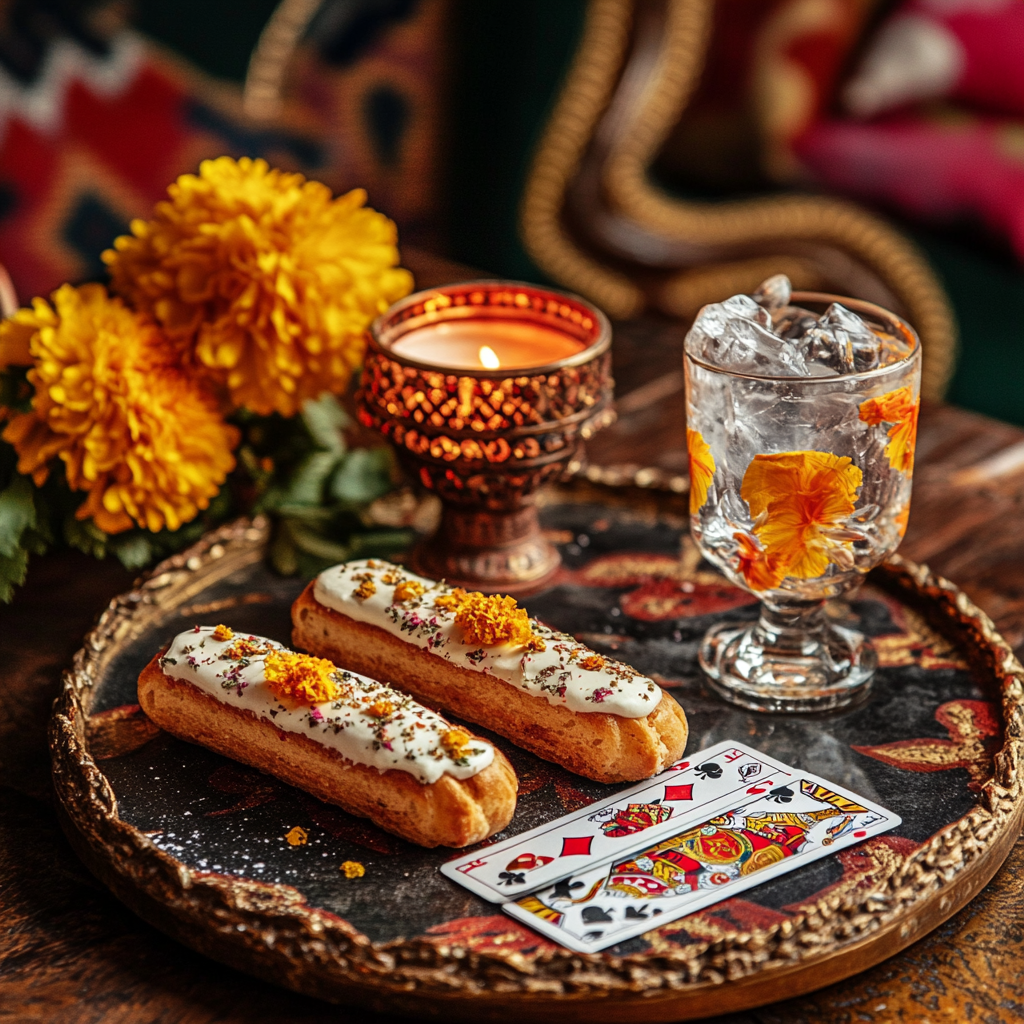 Dryfruit eclairs with gin and tonic, cards, diyas