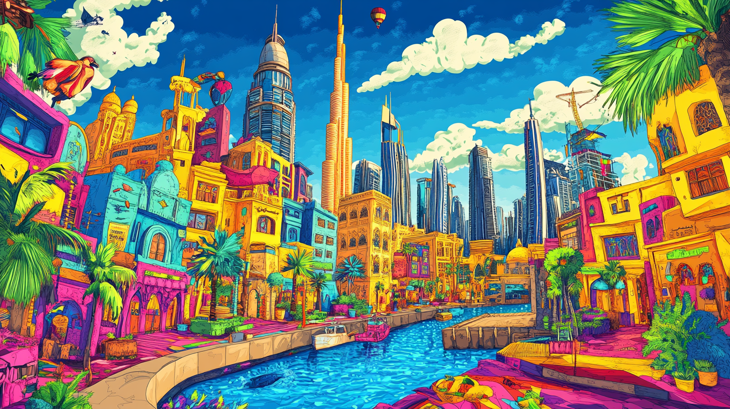 Dubai landscape doodle art in anime style.