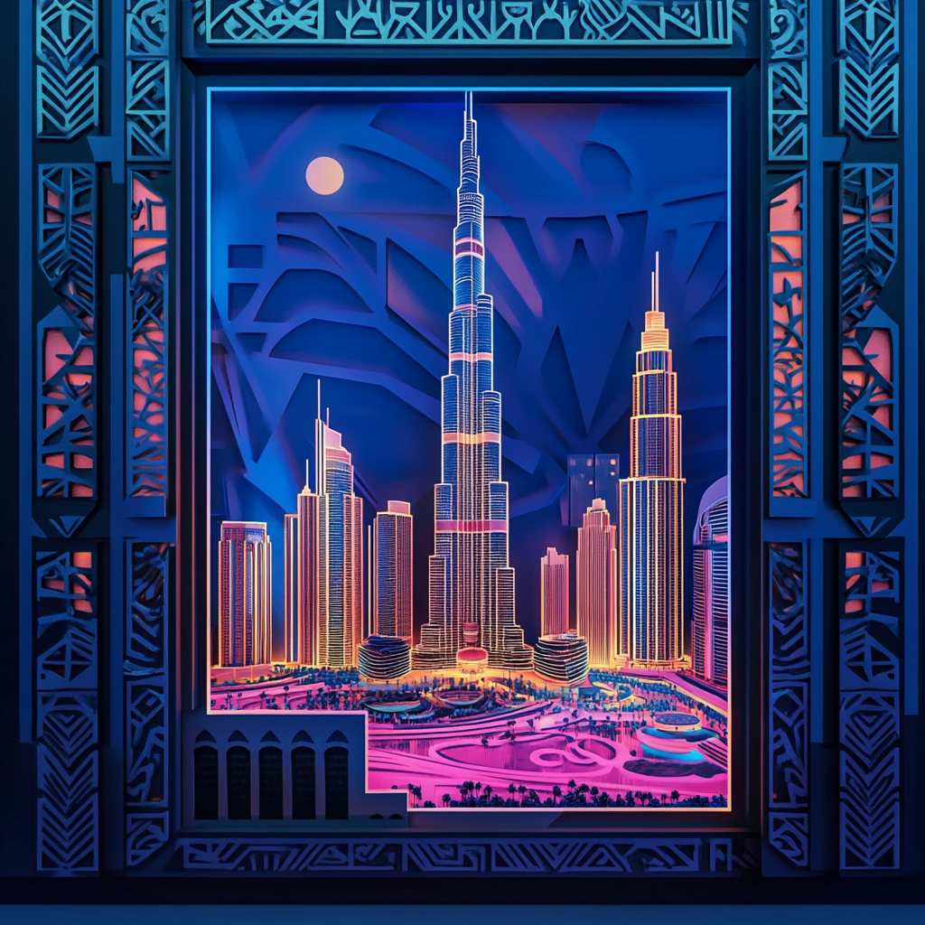 Dubai night scene with glowing lights NFT art