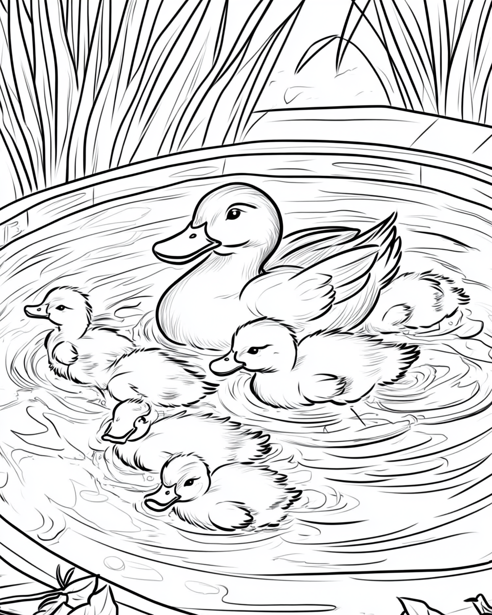 Duck and ducklings in a simple pond scene.