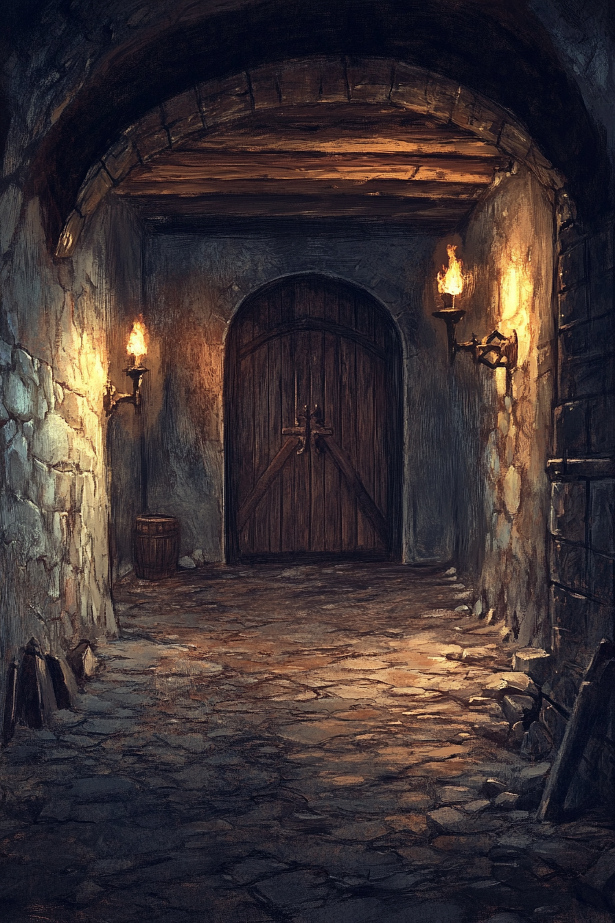 Dungeon-themed room with torches and stone floor.