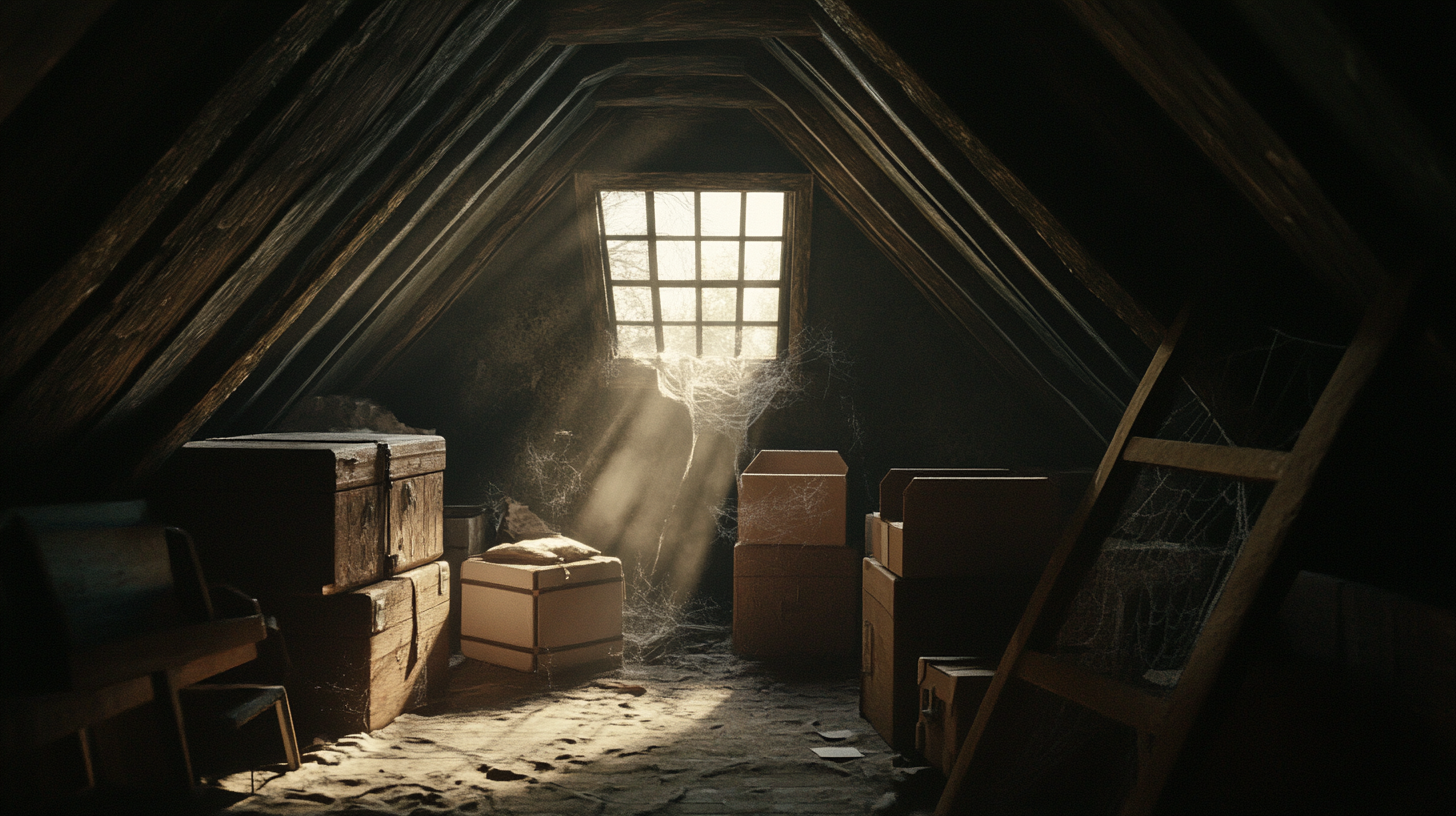 Dusty attic filled with boxes, furniture, cobweb-covered trunks.