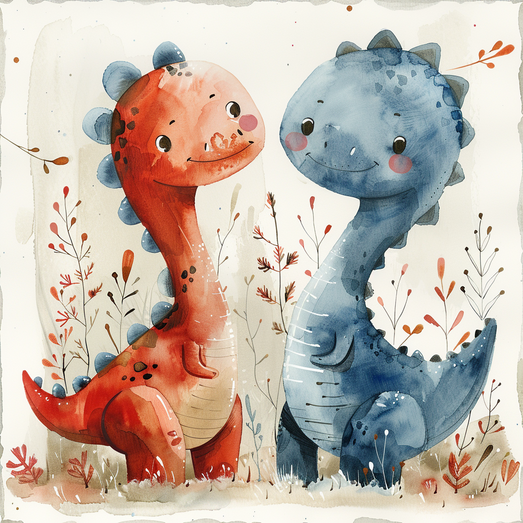 Dusty tone nursery art, red and blue dinosaurs.