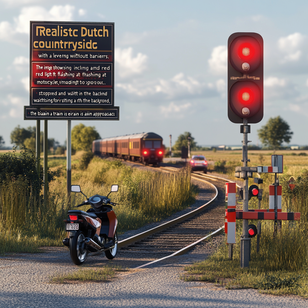 Dutch countryside with level crossing, vehicles waiting at red light.