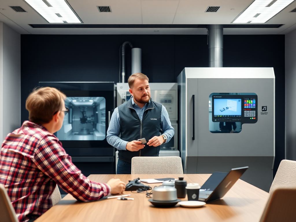 Dutch engineer leading manufacturing training session with two people.