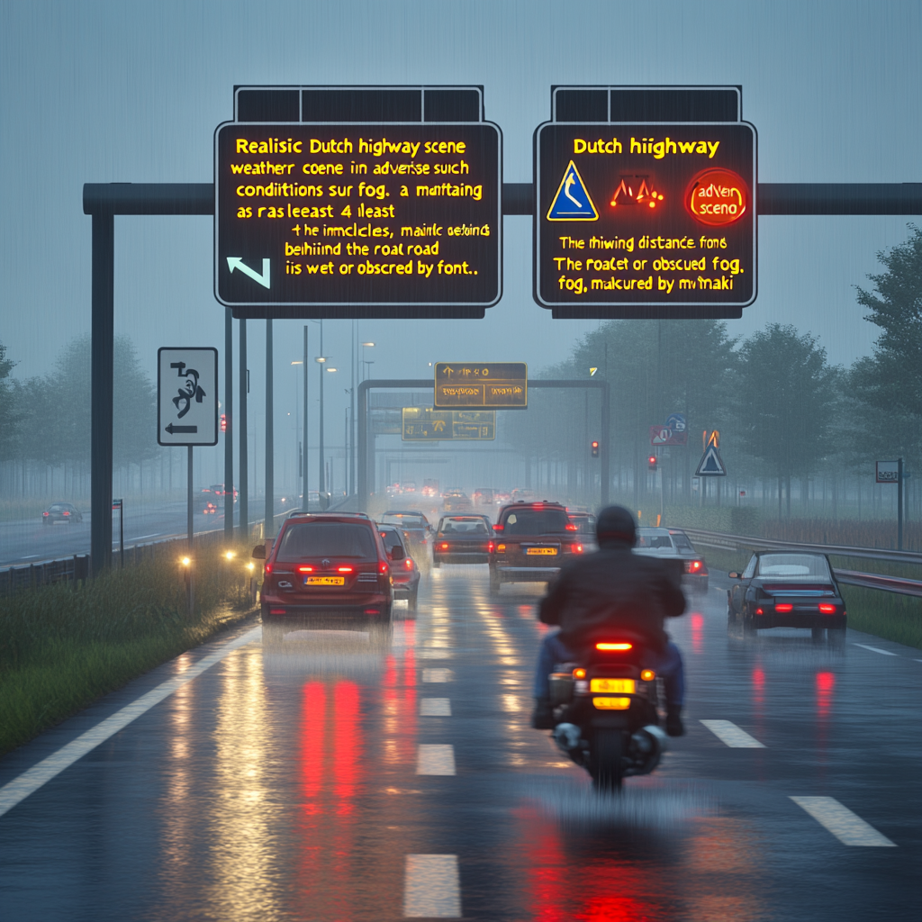 Dutch highway in rain or fog with spaced vehicles.