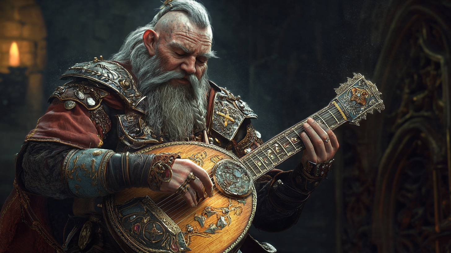 Dwarf bard playing a lute casting a spell.