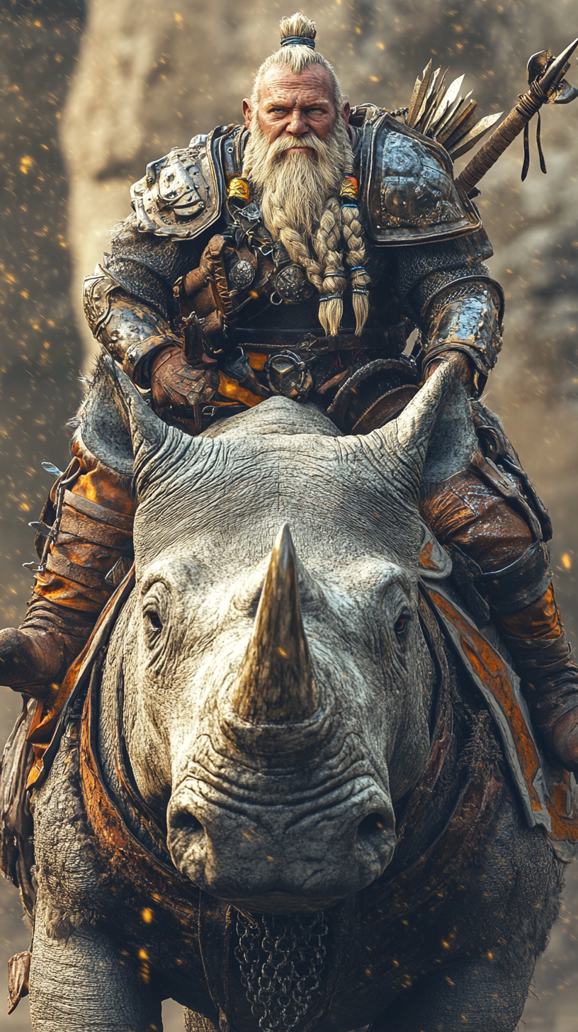 Dwarf fighter on rhino in ultra-realistic 8k.