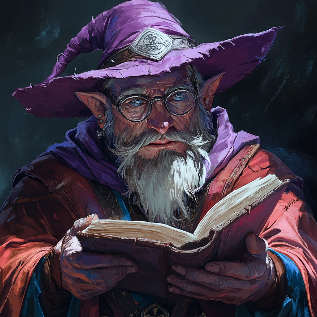 Dwarf in wizard hat reads book with glasses