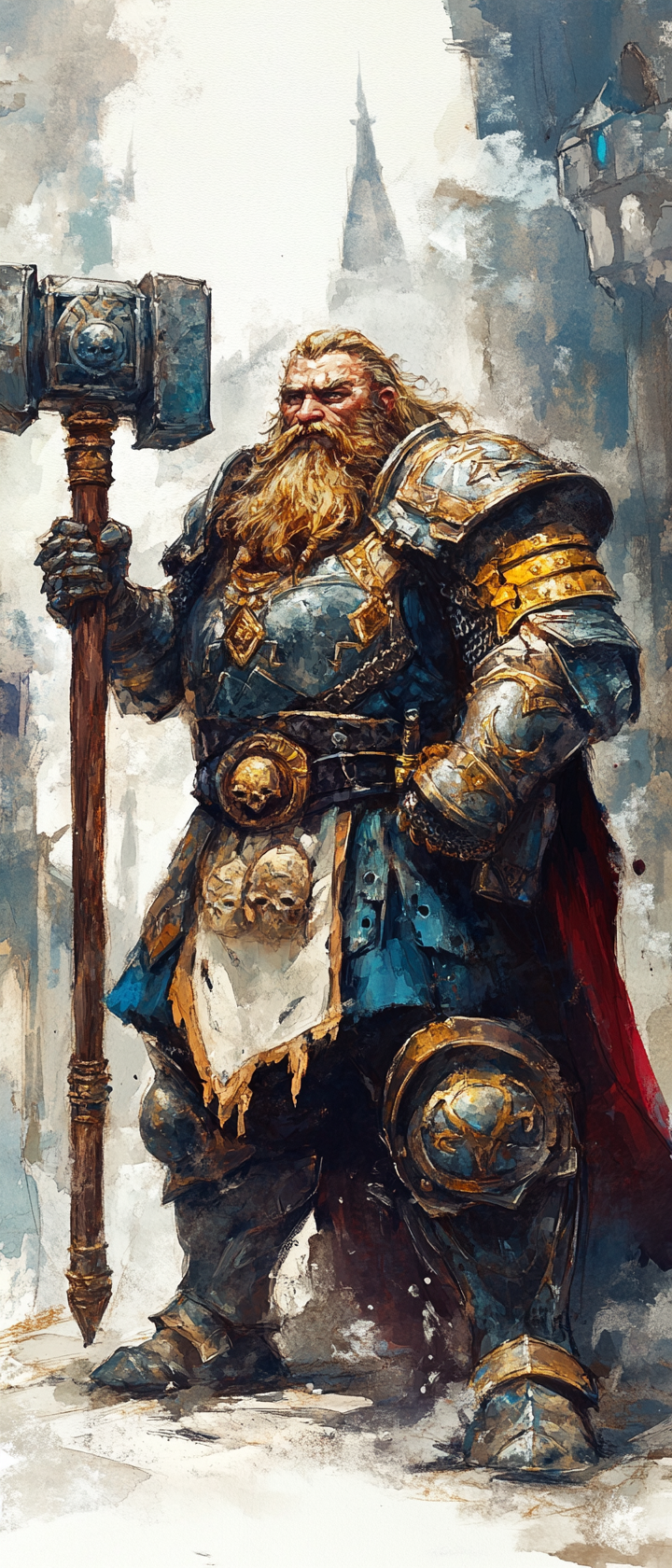 Dwarf paladin in shiny armor with war hammer, ethereal.