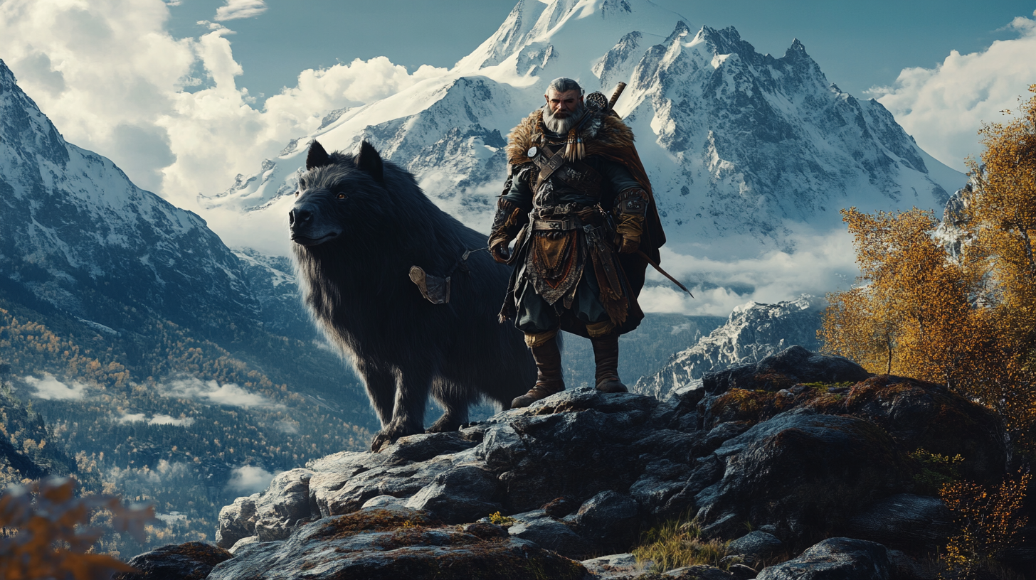 Dwarf ranger with animal in detailed mountain action shot.