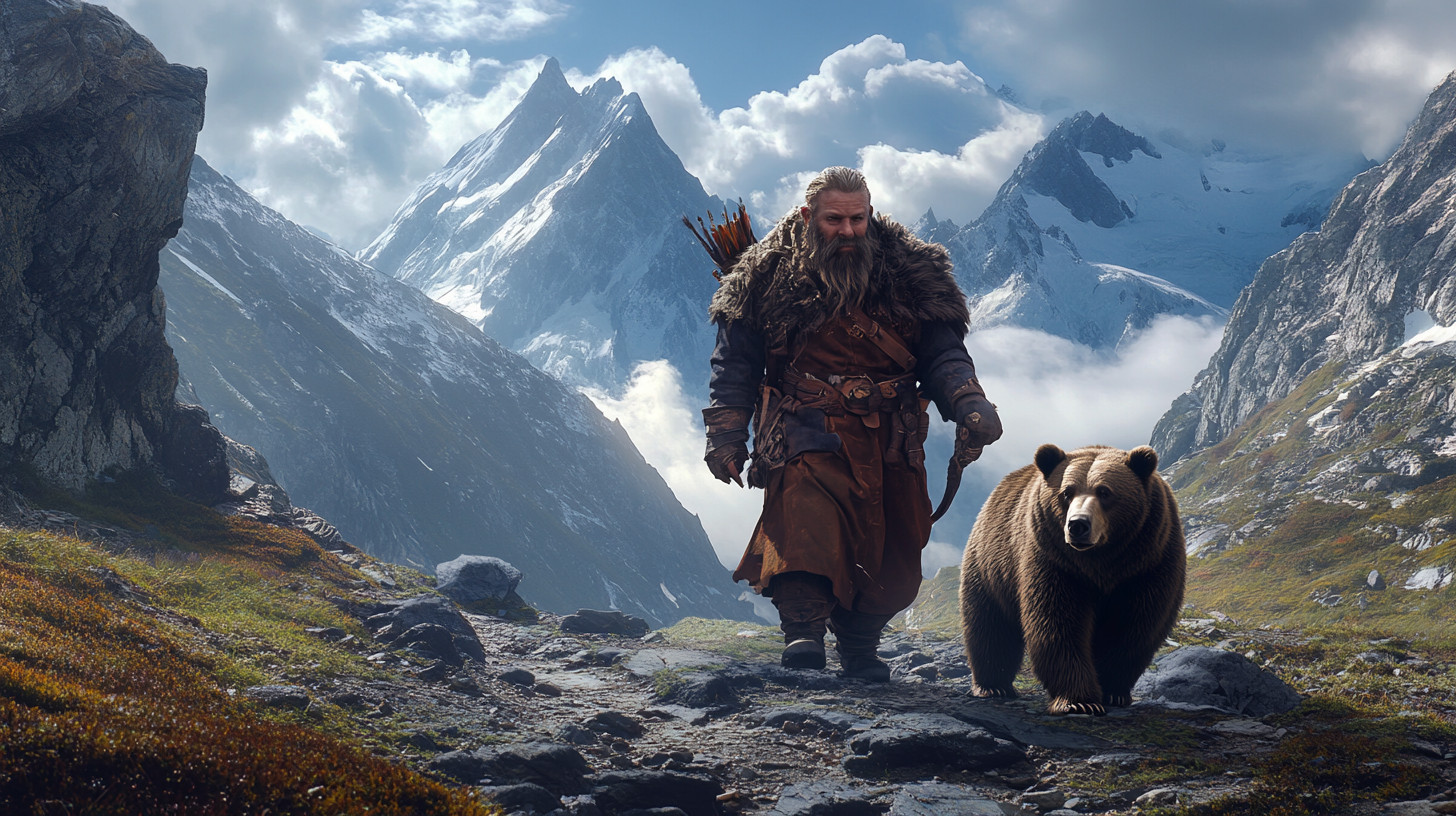 Dwarf ranger with bear companion in epic mountain battle.