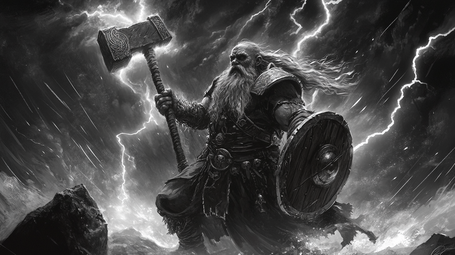 Dwarf shaman with hammer and shield, lightning strikes.