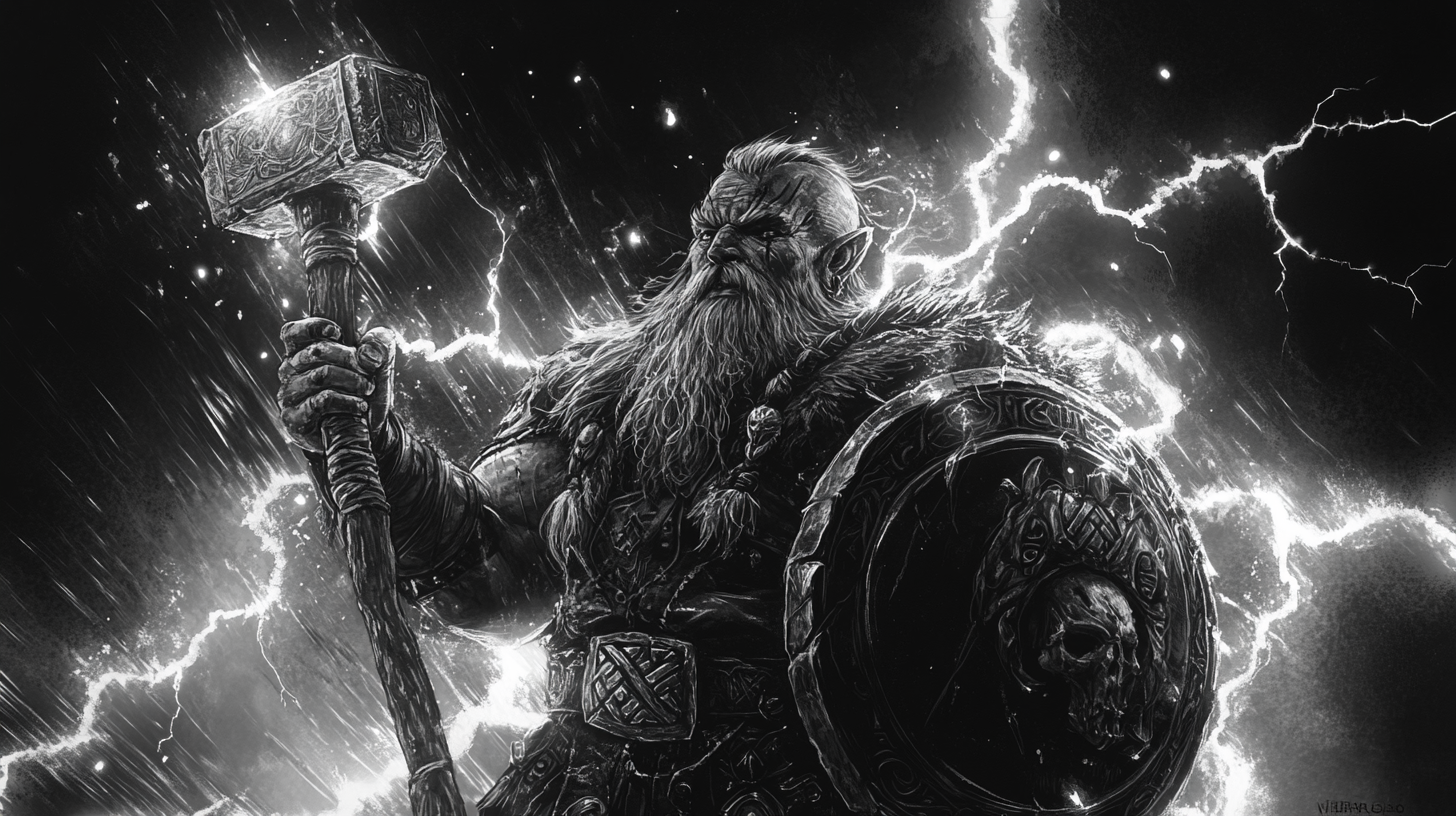 Dwarf shaman with hammer and shield in lightning storm.