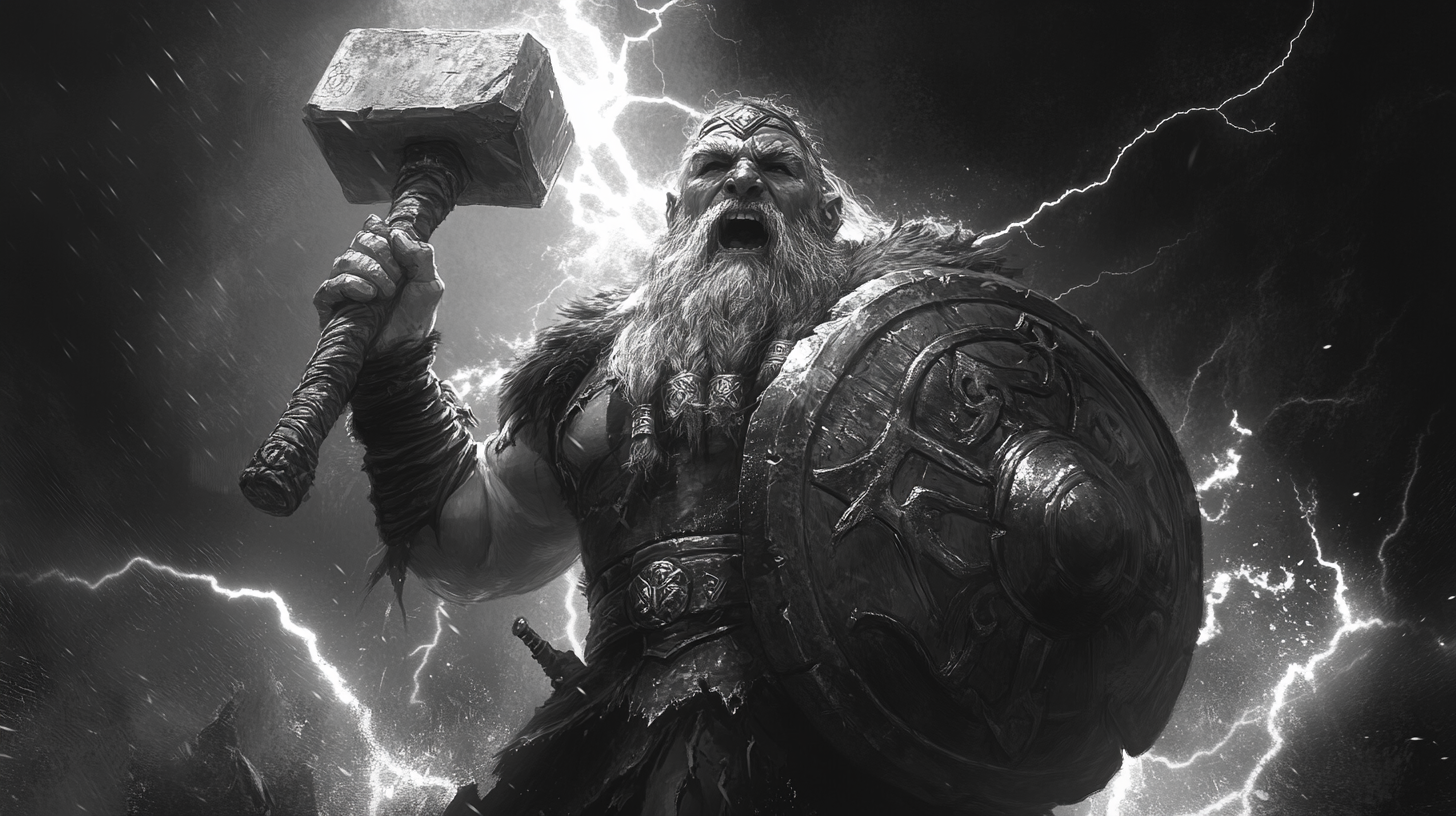 Dwarf shaman with hammer and stone shield, lightning, high contrast.