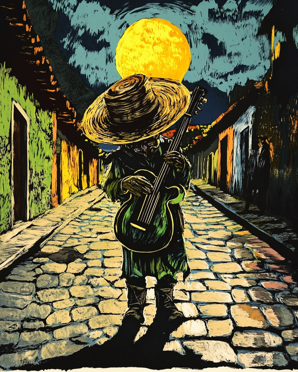 Dwarf with Guitar on Antigua Guatemala Street at Night