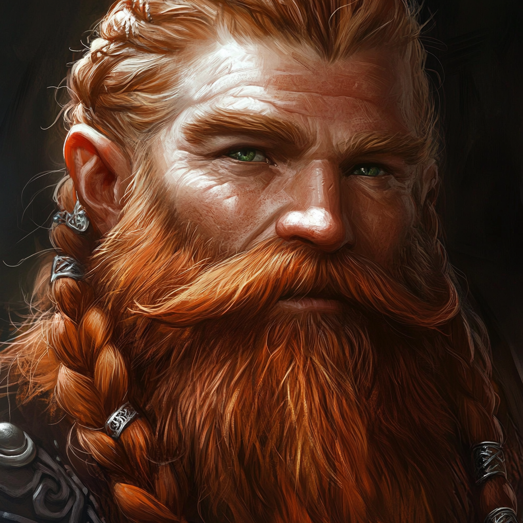 Dwarf with braided beard, green eyes, full of life.