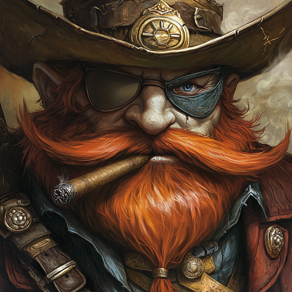 Dwarf with bushy red moustache, eye patch, smoking cigar.