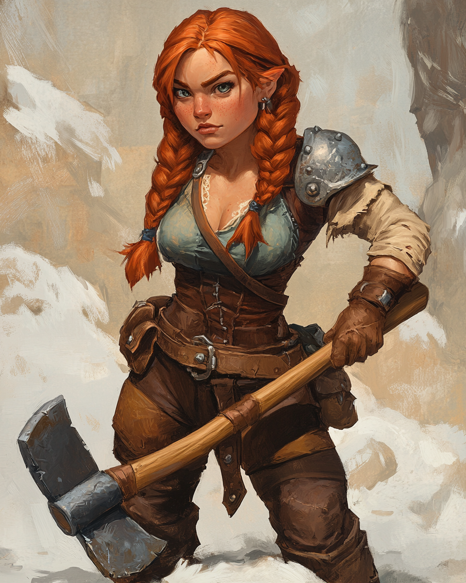 Dwarf with red hair, braids, great axe, tan skin.