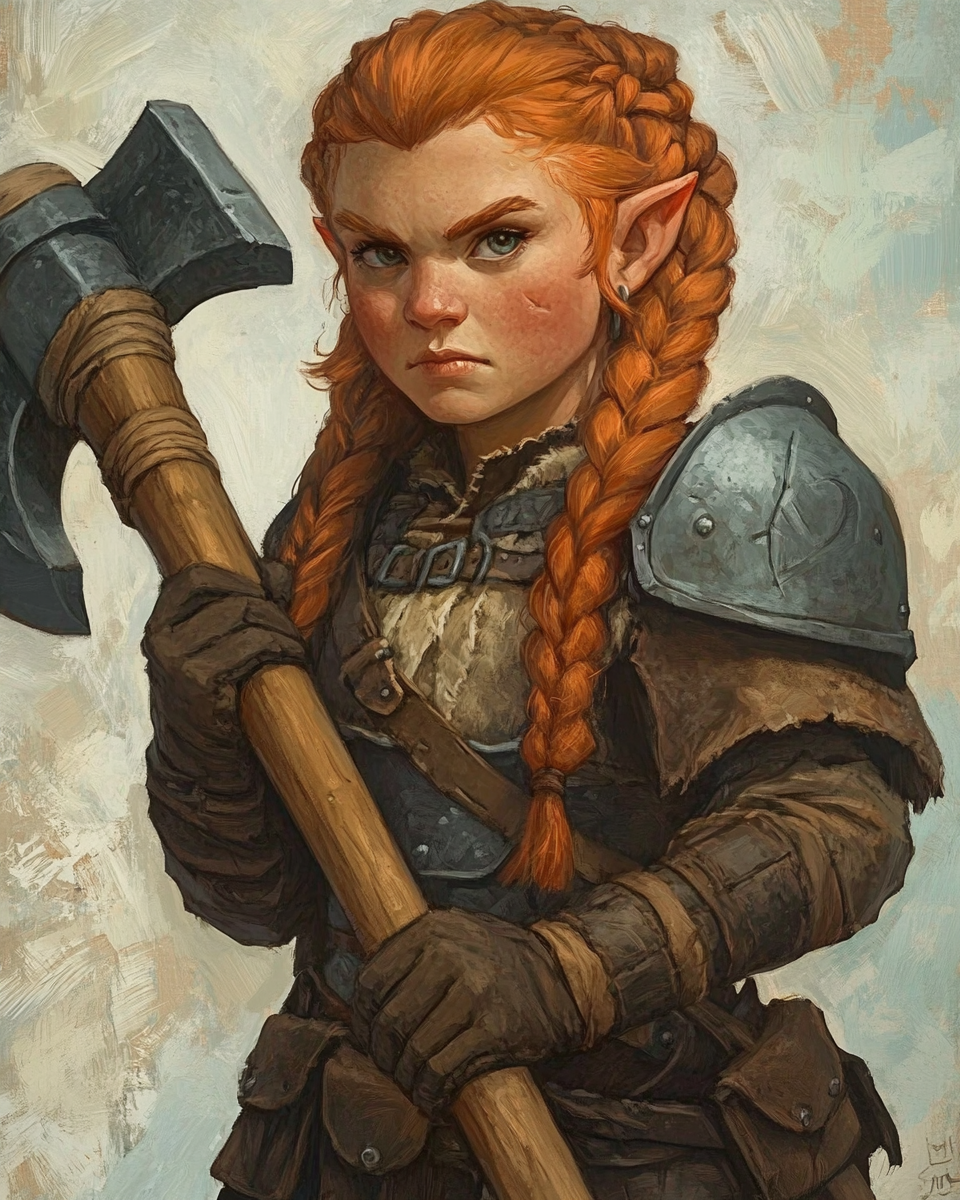 Dwarf with red hair and great axe, ready for battle.