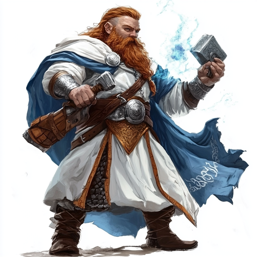 Dwarven cleric male in blue and white robes