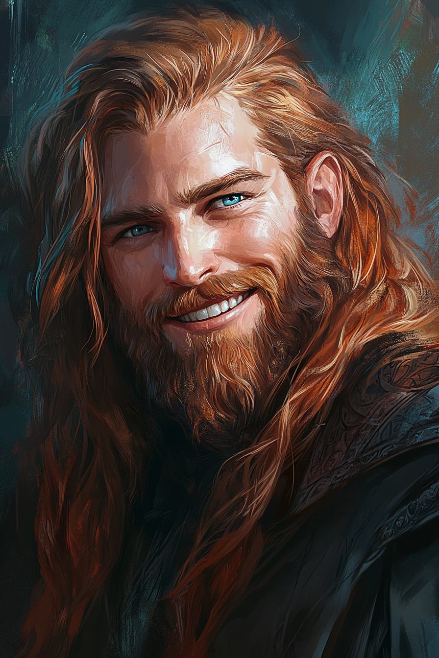 Dwarven male with auburn hair, blue eyes portrait.