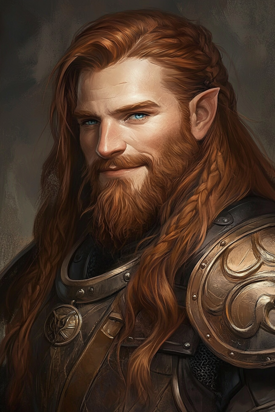 Dwarven male with auburn hair and leather armor portrait.