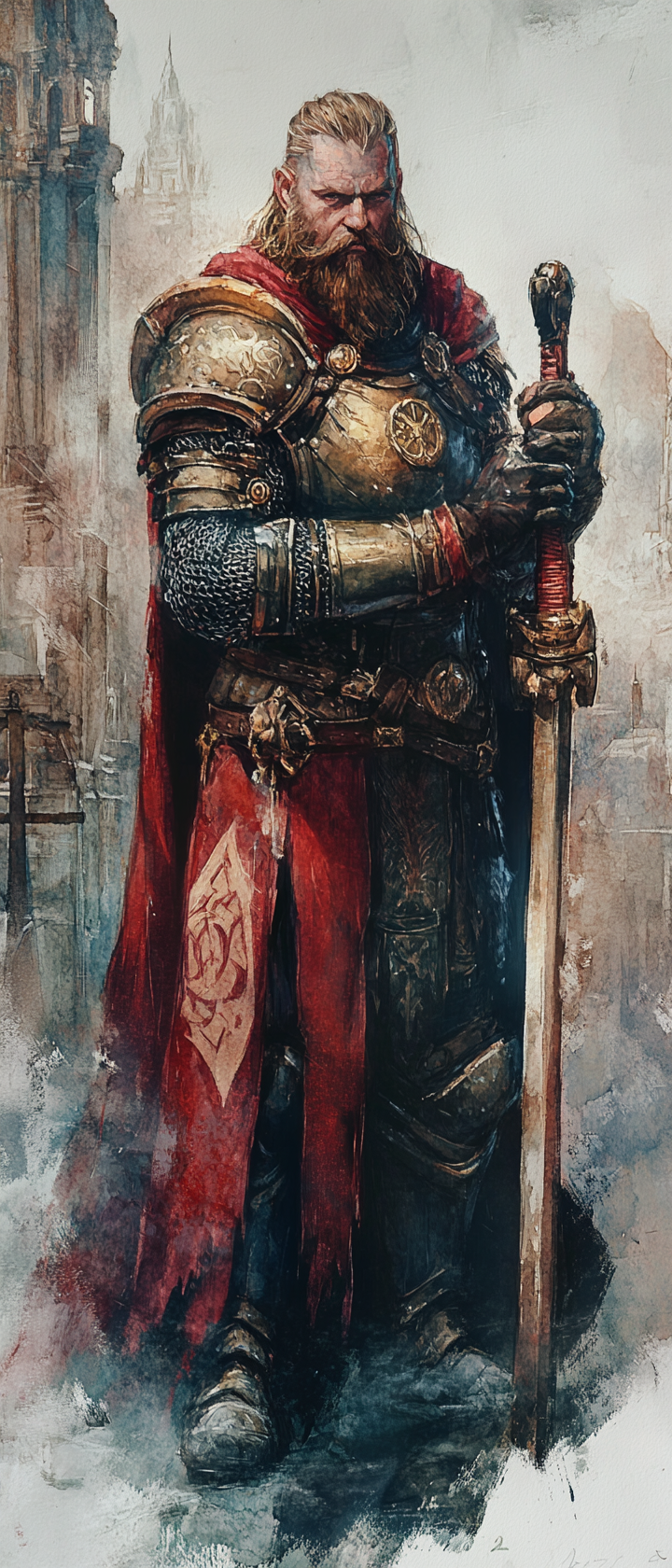 Dwarven paladin in shiny armor holds mace. Ethereal.