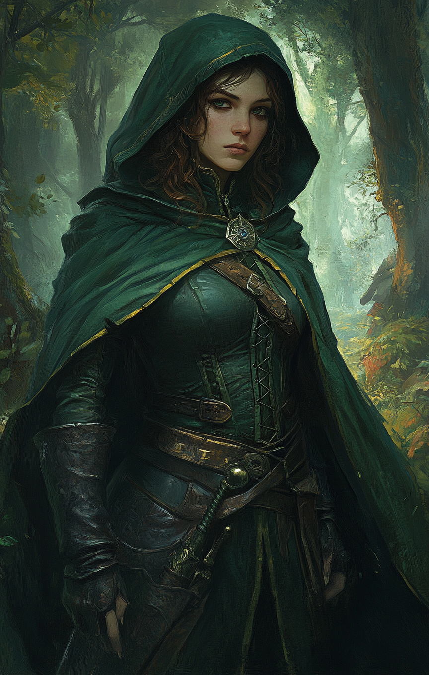 Dwarven rogue in green cloak blending Witcher style art.