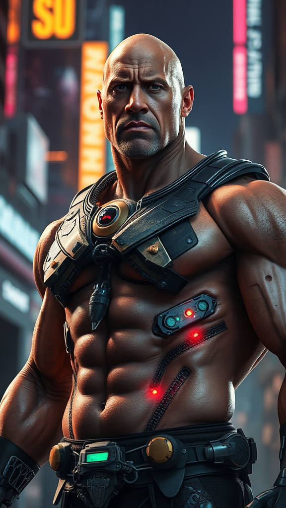 Dwayne Johnson Cyborg in Futuristic Urban Setting