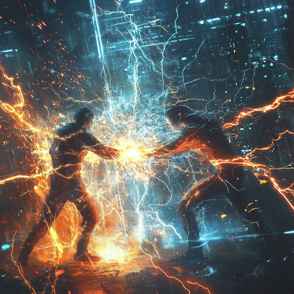 Dynamic, electrifying scene with glowing lights and sparks flying.