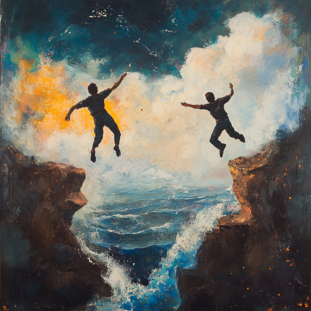 Dynamic, exhilarating scene with two figures plunging together.