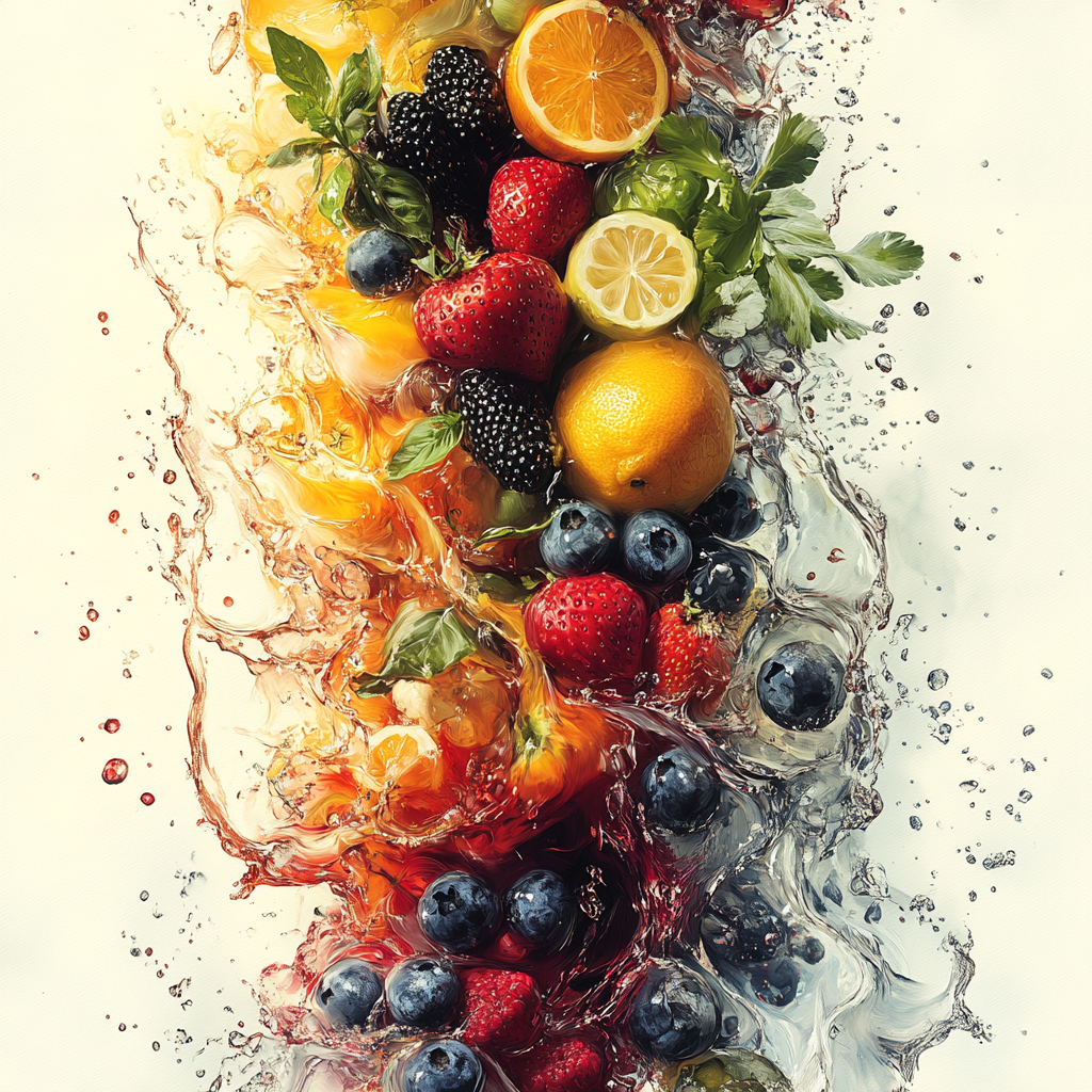 Dynamic, illustrative image for acid-base table cover with vegetables, seeds, and nuts. Vibrant mix of vegetables, fruits, playful composition.