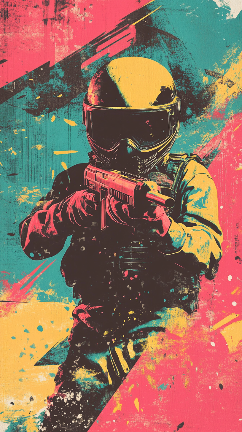 Dynamic 80s retro movie poster for kids paintball party.