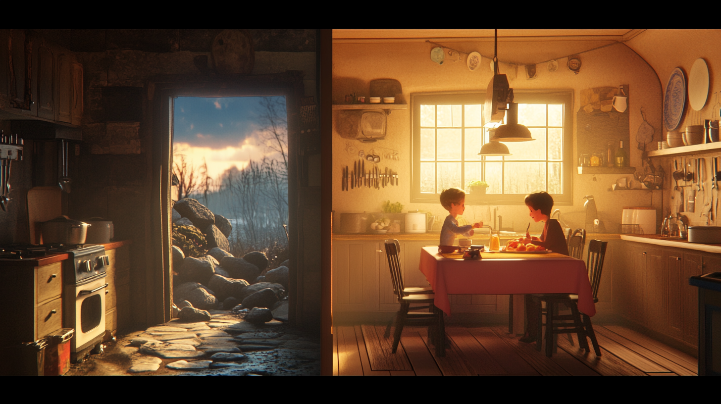 Dynamic Transformation Scene: Darkness to Family Warmth