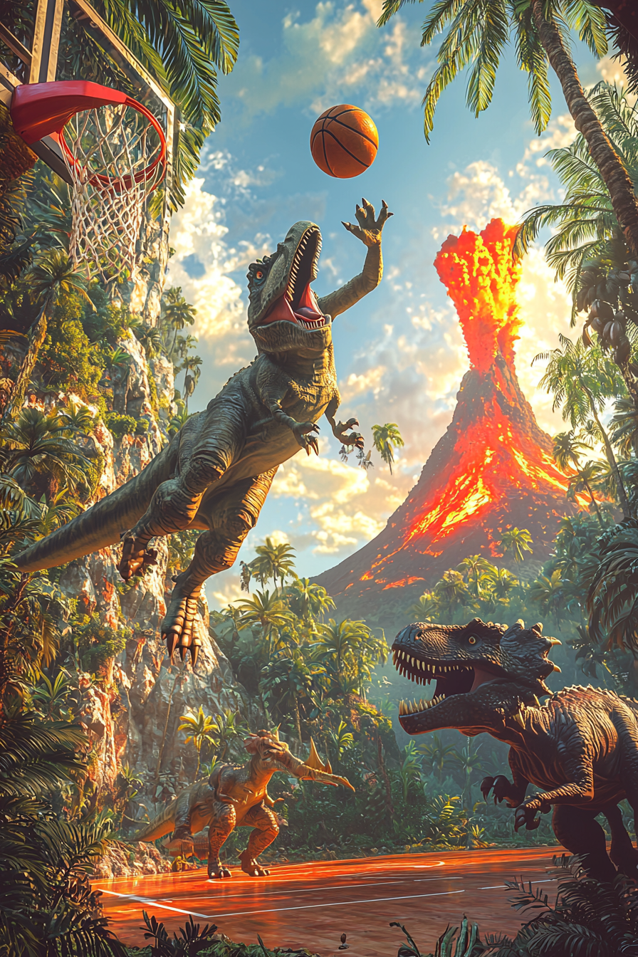 Dynamic dinosaurs playing basketball in lush prehistoric jungle court.