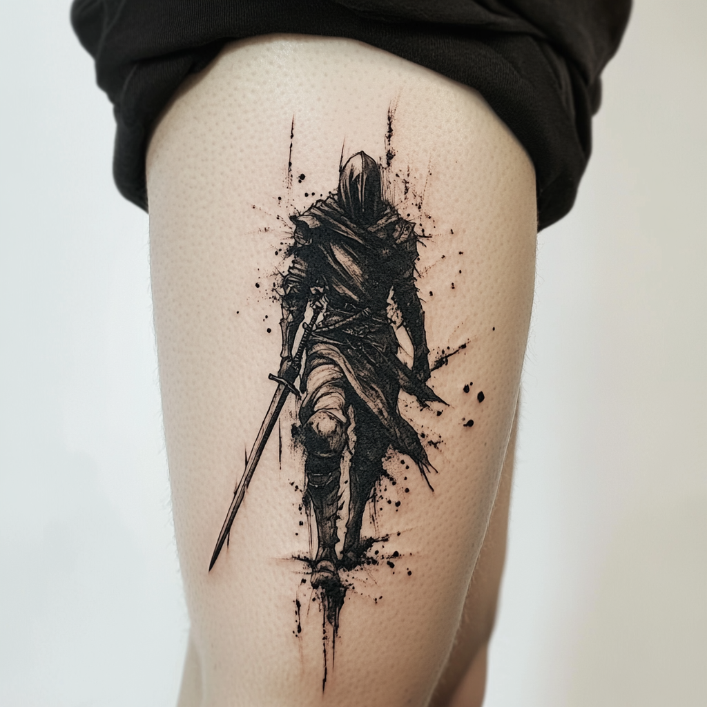 Dynamic figure holding sword with ghostly face, leg tattoo, fantasy style exit.