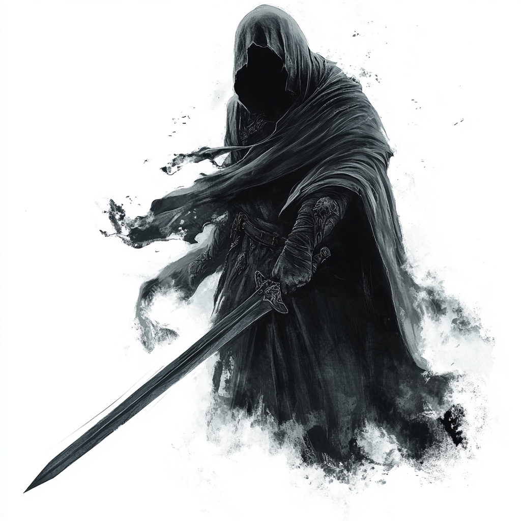 Dynamic figure with sword, dark hood, ghostly face and tattoo, fantasy warhammer style, white background.