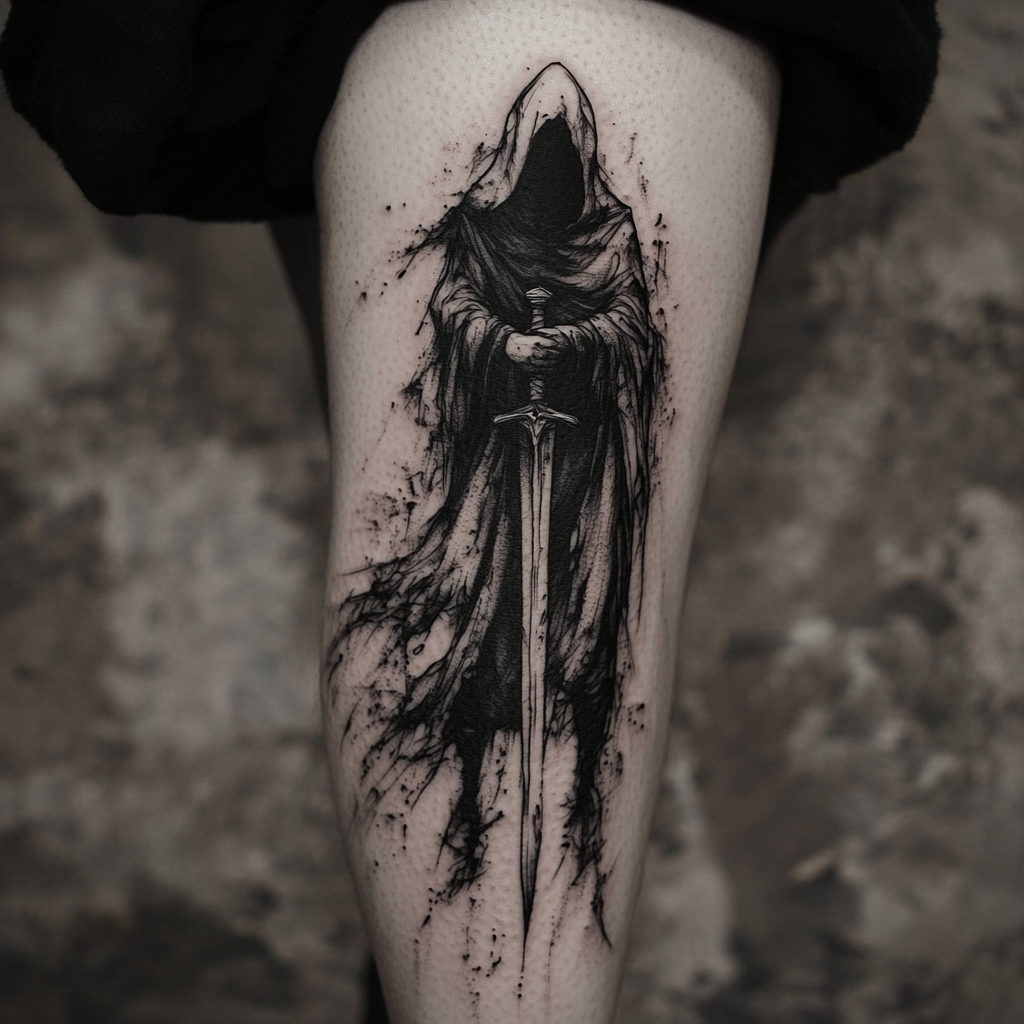 Dynamic figure with sword, hooded face, leg tattoo design.