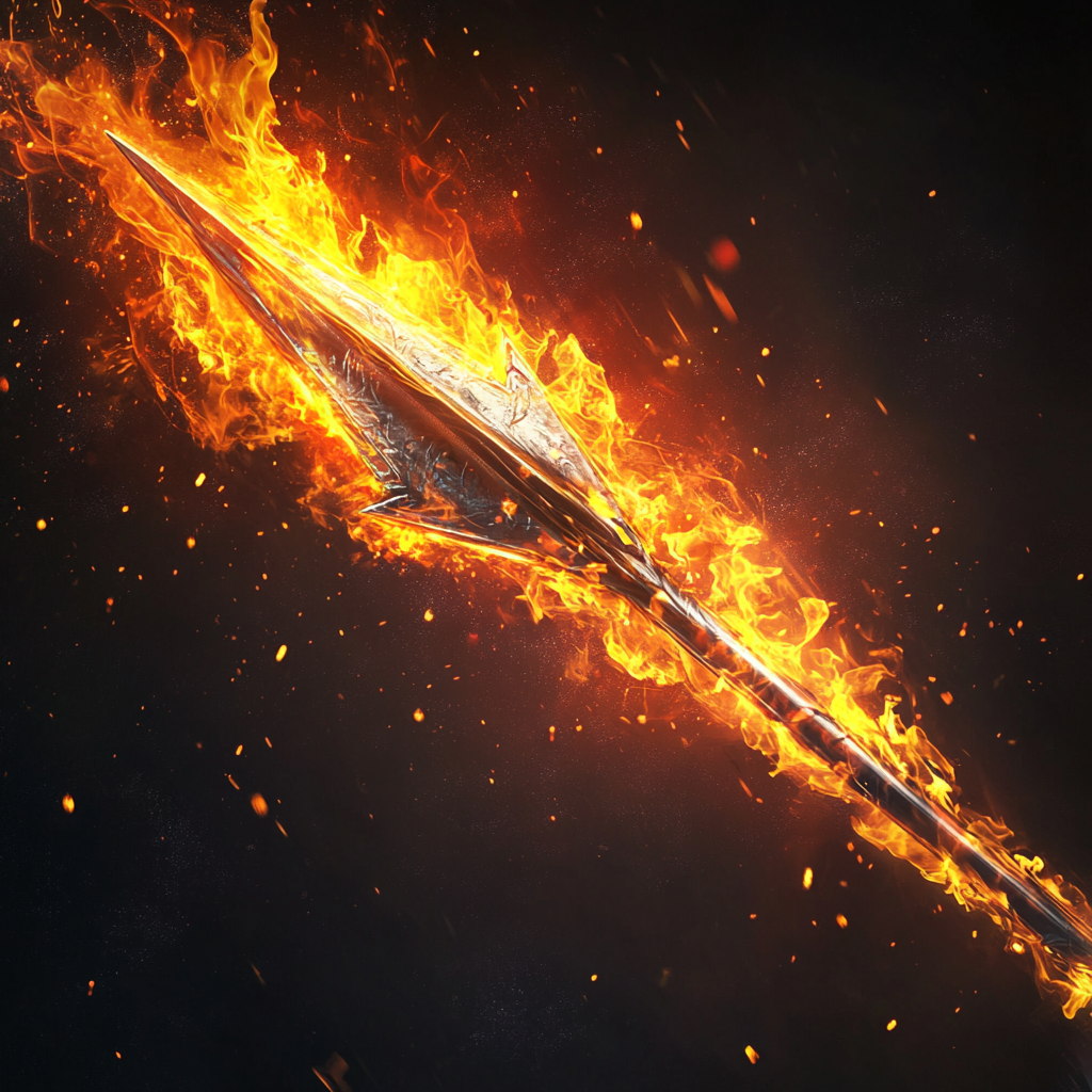 Dynamic flaming arrow shooting upward in the dark sky