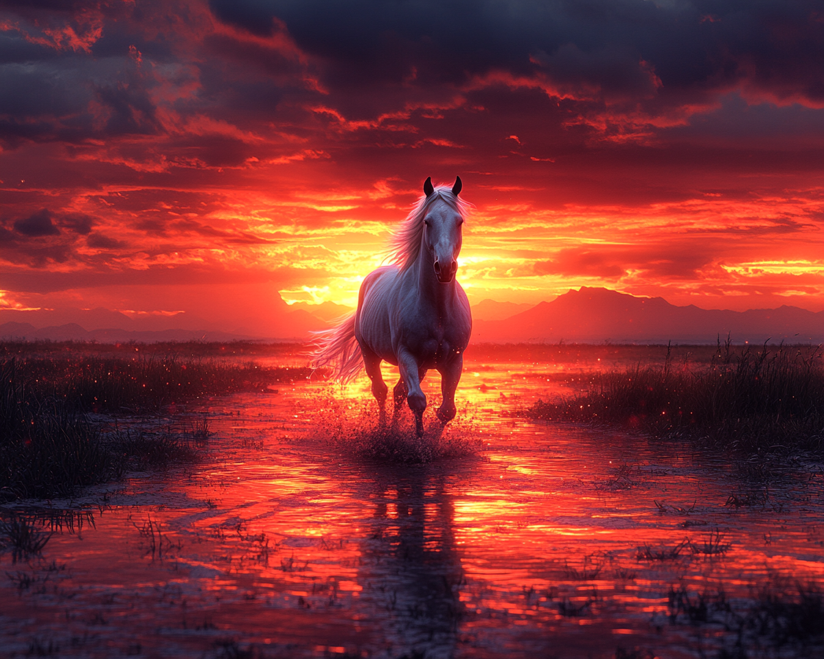 Dynamic painting of white horse in sunset.