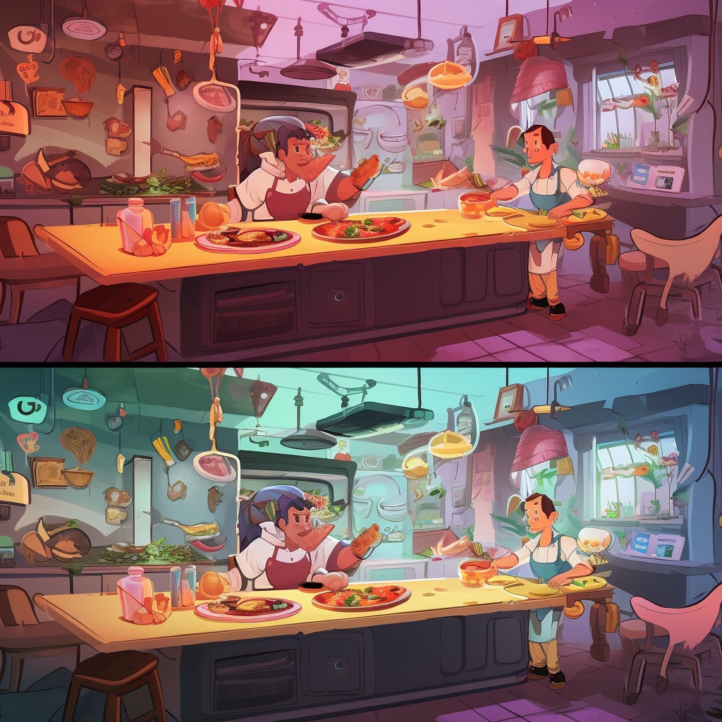 Dynamic scene split in two parts: player cooking.