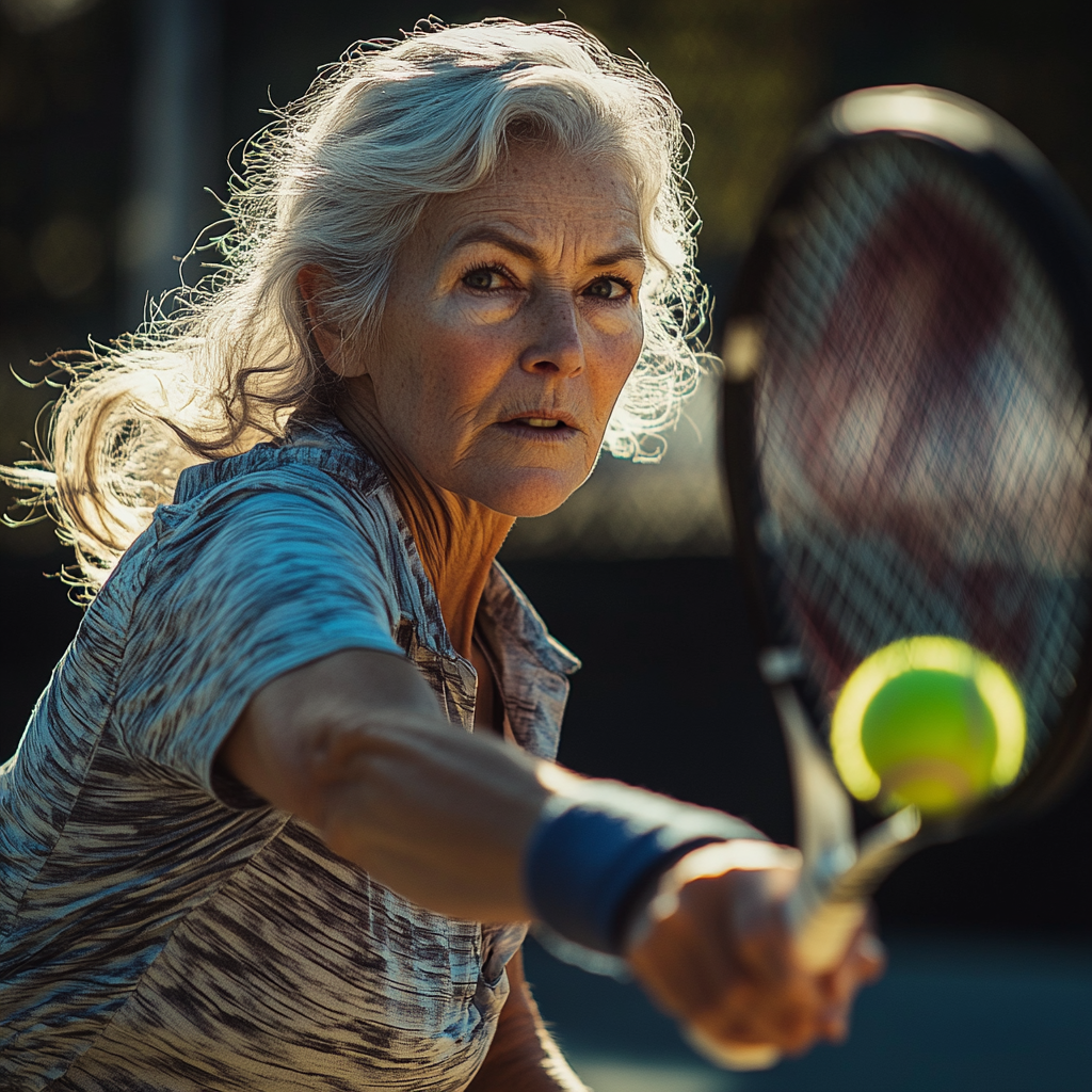 Dynamic shot of determined Christie Brinkley lookalike playing tennis.