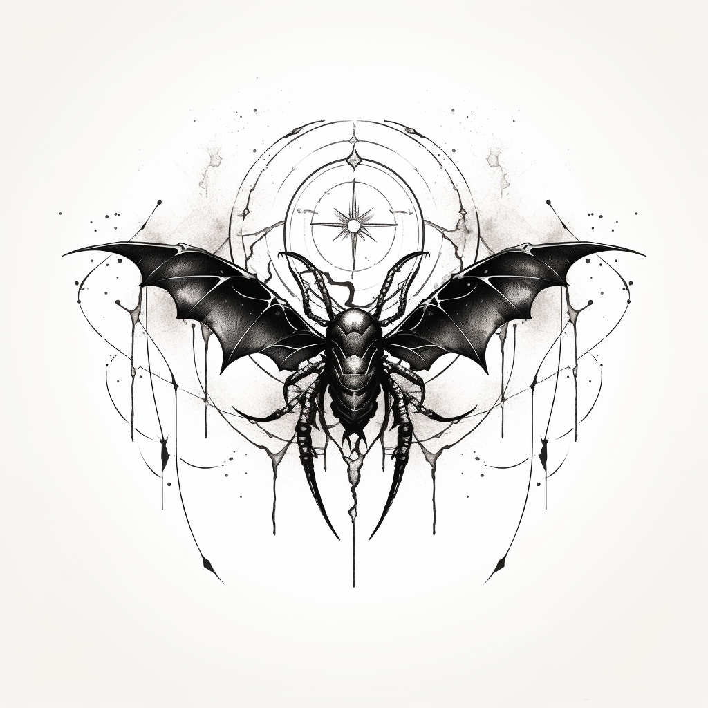 Dynamic spider tattoo design with bat wings and moon.